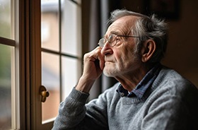 Sad senior man looking out his window