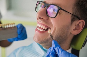 Man smiles while getting dental implants in Branford